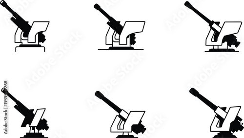 Collection of anti-aircraft and naval artillery gun icons simple black and white vector illustrations isolated on a white background