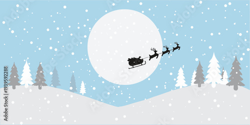 Santa claus and reindeer fly across a winter landscape with snow