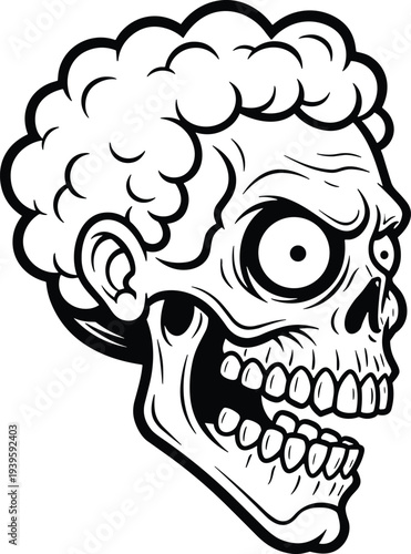 Black and white cartoon skull illustration with exaggerated bulging eyes, curly hair texture, open mouth and teeth, surreal humorous design perfect for tattoos, graphic art, and decorations.