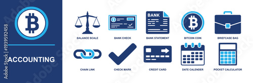 Accounting icon set. Containing balance scale, bank check, statement, bitcoin, briefcase, chain link, check mark, card, calendar, calculator, finance and more. Solid fill vector icons