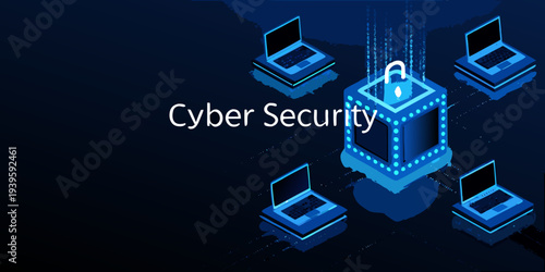 Cyber security concept with laptops lock and digital data streams