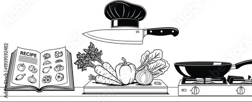 Black and white line art of kitchen counter with recipe book vegetables chef hat and knife isolated on white background, vector illustration for cooking and culinary arts design assets.