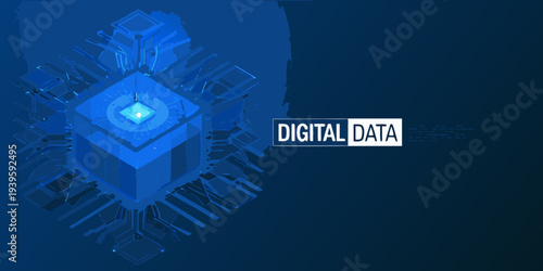 Abstract geometric design featuring stacked cubes and digital data text