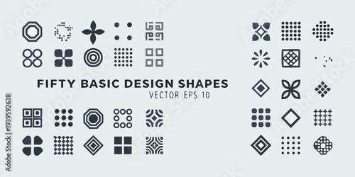 Collection of fifty basic geometric design shapes in grayscale vector format