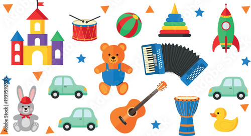Colorful Kids Toy Collection with Castle Rocket Teddy Bear Cars Guitar Drum Ball Rabbit Duck and Play Objects