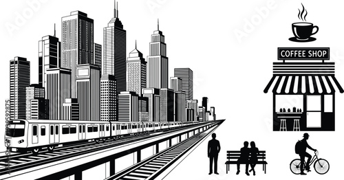 Black and white vector illustration of modern city skyline with train coffee shop and people isolated on white background for urban lifestyle and transportation design assets.