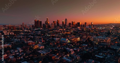 Footage over the uptown Los Angeles, California, USA. View on the high-rise downtown at dusk time.