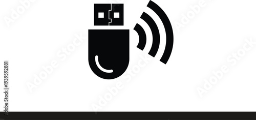 Wireless USB flash drive icon with signal waves representing data transfer, connectivity, portable storage technology concept flat vector illustration