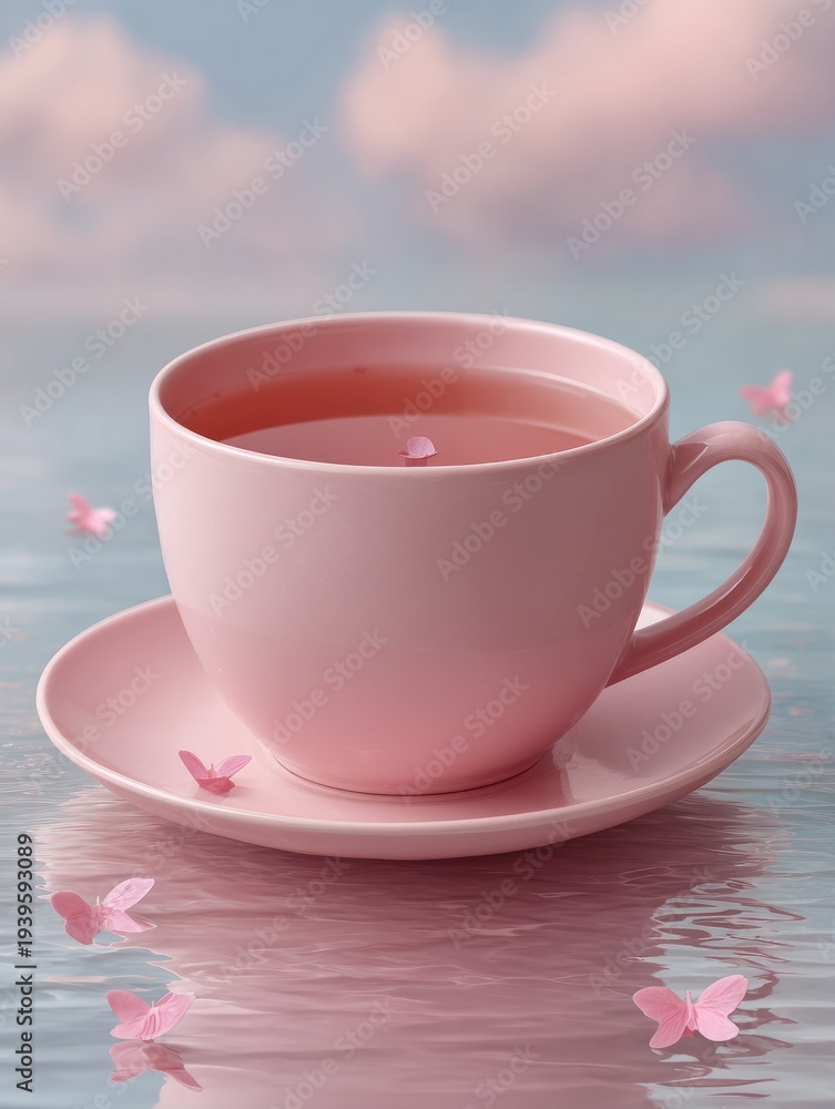 Fototapeta premium Pink teacup with floral accents floating on serene water