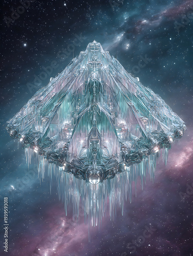 A cinematic sci-fi artwork of a massive crystalline starship shaped like a cathedral, merging divine architecture with futuristic technology.