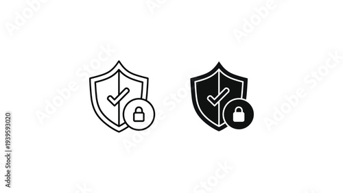 Shield Icons with Checkmark and Lock in Simple Line Art and Solid Black Styles for Cybersecurity
