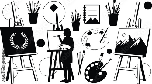 Black and white vector illustration of artist painting on easel with palettes brushes and canvases isolated on white background for fine art studio and creative hobby design assets.