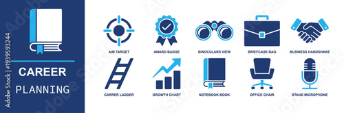 Career planning icon set. Containing aim target, award badge, binoculars, briefcase, handshake, ladder, growth chart, notebook, office chair, microphone and more. Solid fill vector icons.
