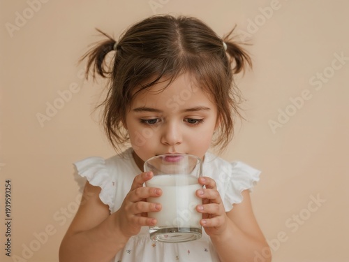Little girl enjoying a glass of milk in a cozy setting