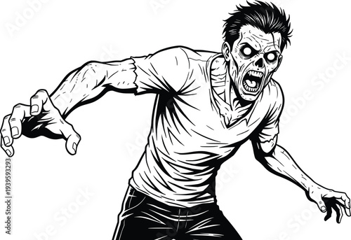 Black and white zombie illustration with decayed face, hollow eyes, exposed teeth, torn clothing, menacing posture, perfect for horror artwork, Halloween themes, and creepy creative projects.