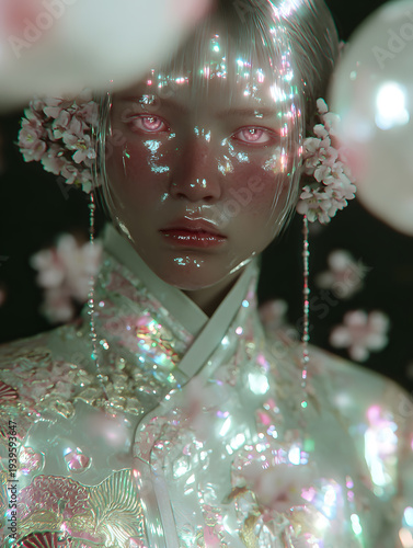 A futuristic fantasy artwork of Sara-bot stepping onto a crystalline balcony suspended in the sky, blending sci-fi elegance with surreal beauty.