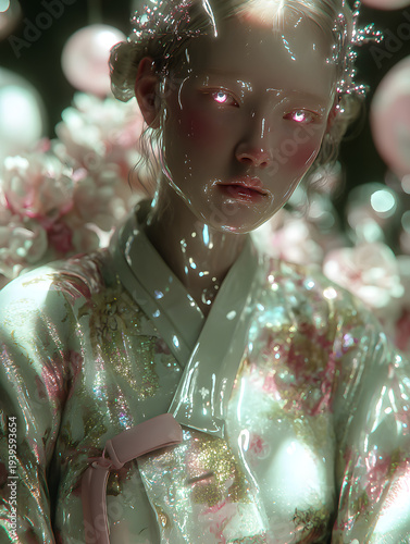 A futuristic fantasy artwork of Sara-bot stepping onto a crystalline balcony suspended in the sky, blending sci-fi elegance with surreal beauty.