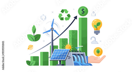 Green Energy Investment & Sustainable Economic Growth Illustration. Renewable Resources, Eco-Innovation, and Environmental Profit Concepts.