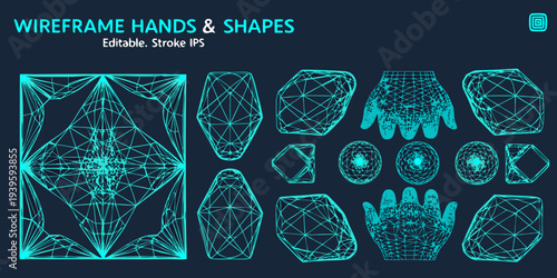 Abstract wireframe hands and geometric shapes in a teal color scheme