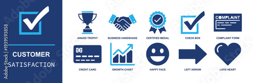 Customer satisfaction icon set. Containing award trophy, business handshake, certified medal, check box, complaint form, happy face, growth chart, heart and more. Solid fill vector icons.