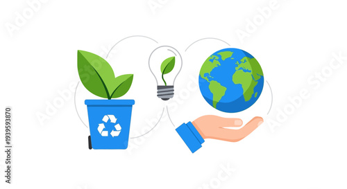 Global Environmental Sustainability Concept: Recycling, Green Energy, and Earth Protection Illustration. Eco-Friendly Solutions & Planet Care.