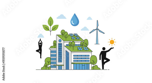 Eco-Friendly Urban Living & Sustainable Energy: Green Building, Solar, Wind Power, and Wellness Lifestyle Illustration