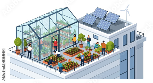 Urban Rooftop Garden with Sustainable Farming. Isometric illustration of people cultivating plants in a greenhouse and raised beds, powered by solar panels and a wind turbine.
