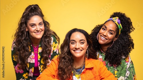 three diverse friends with curly hair, laughing and embracing each other agai...