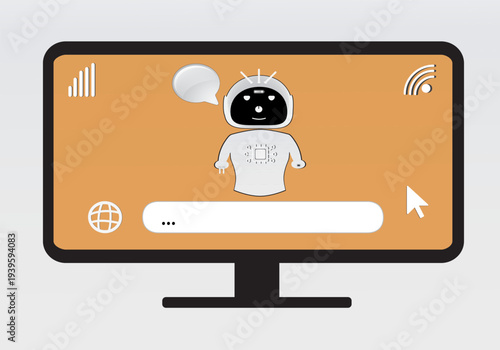 Robot cyber assistant on desktop monitor screen with cyberspace interface icons