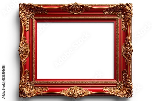 Red antique picture frame with golden ornate detailing, isolated on a white background