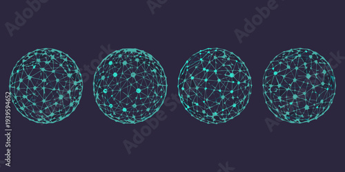 Four glowing teal wireframe spheres against a dark navy background