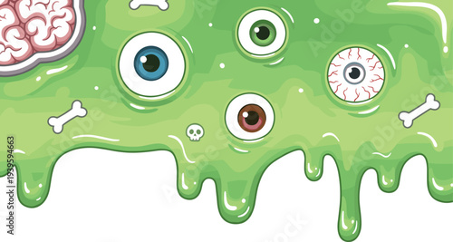 Cartoon green slime illustration with eyeballs, skull, bones, and dripping brain details, grotesque horror-inspired design perfect for Halloween artwork, fantasy projects, and creepy creative themes.