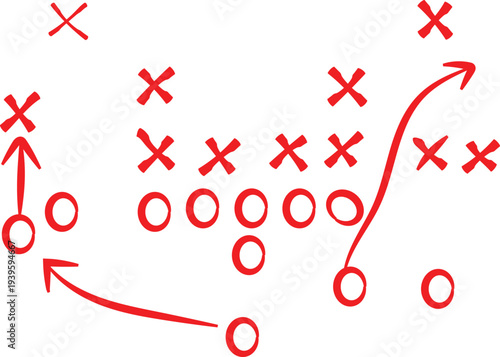 Simple hand drawn red ink diagram illustrates classic American football offensive play strategy using Xs and Os markers.