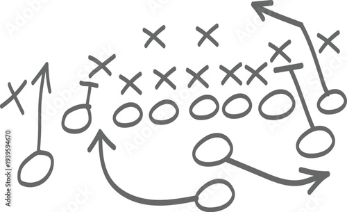Detailed hand-drawn football play illustrating offensive player routes and defensive alignments, perfect for coaching strategy and game planning.