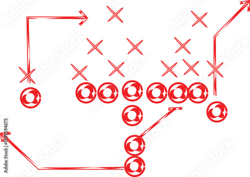 American football offensive play diagram sketch showing strategic player movement and blocking assignments in red ink.