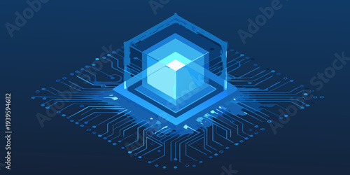 A glowing blue diamond shape with integrated circuit board elements