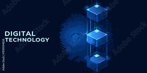 Abstract blue cubes with digital technology text on dark background