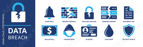 Data breach icon set. Containing alert bell, broken firewall, cracked padlock, damaged server, document list, hacker mask, ID badge, leak drop, shield and more. Solid fill vector icons