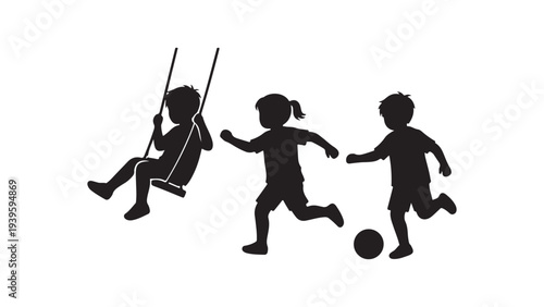 Children Playing Soccer and Swinging Silhouette Vector Illustration for Sports and Family Activities