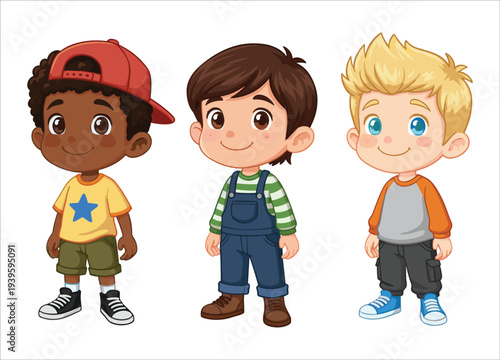 Three cheerful young boys with diverse appearances stand side by side each wearing different casual clothing high quality professional detailed modern elegant stylish clean crisp vibrant