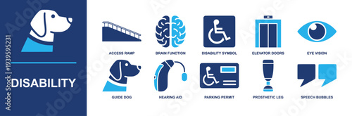 Disability icon set. Containing access ramp, disability symbol, elevator, eye, guide dog, hearing aid, parking permit, prosthetic leg, speech bubbles and more. Solid fill vector icons