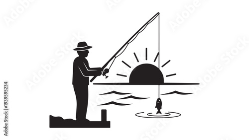 Minimalist Fisherman Silhouette Fishing at Sunrise with Geometric Sun and Waves Vector Illustration
