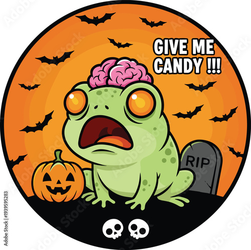 Cartoon zombie frog with exposed brain, gravestone, Halloween pumpkin, bats, skulls, and “Give Me Candy” text, humorous spooky illustration perfect for festive artwork and creative projects.