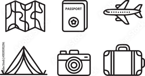 Travel Icons Set in Line Art Style, Tourism and Vacation Outline Symbols Collection with Airplane, Suitcase, Passport and Map