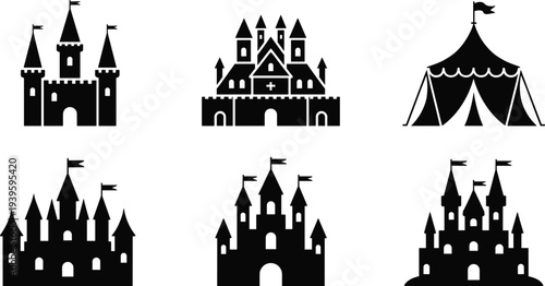 Black silhouette collection of fairy tale castles medieval fortresses and circus tents isolated on white background, vector illustration for fantasy entertainment and landmark design assets.