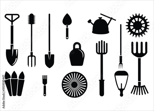A collection of black silhouette gardening tools arranged in a horizontal row including shovels rakes and watering cans high quality professional detailed modern elegant stylish clean