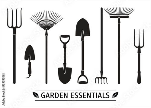 Set of 8 Black Silhouette Garden Essentials Vector Icons: Rakes, Shovels, and Forks for Gardening Tools and Equipment