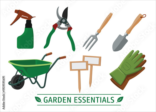 A colorful collection of gardening tools is displayed including a sprayer pruners fork trowel wheelbarrow and labels high quality professional detailed modern elegant stylish clean crisp
