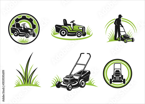 A collection of lawn care icons and illustrations featuring ride on mowers push mowers and associated elements high quality professional detailed modern elegant stylish clean crisp