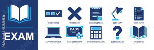 Exam icon set. Containing check boxes, cross mark, desk calendar, desk lamp, exam paper, laptop, pass certificate, calculator, question mark, study book and more. Solid fill vector icons